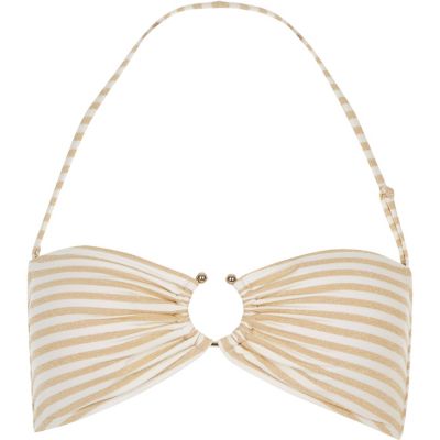 White metallic stripe ring bandeau bikini top